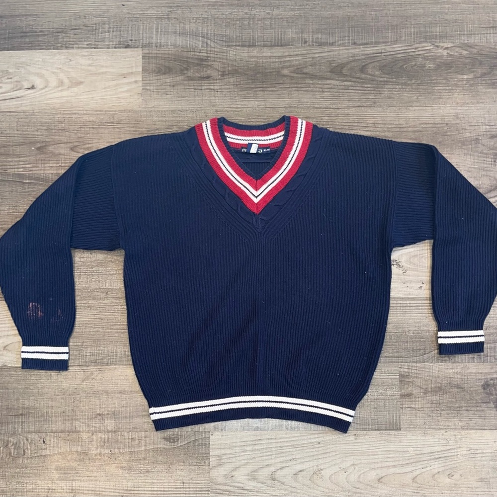 Vtg 90s Nautica Mens Pullover Sweater Blue White Red Striped Men's Size XL flaw